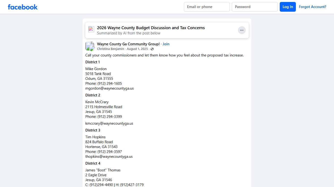 Wayne County Ga Community Group! | Call your county commissioners and let them know how you feel about the proposed tax increase | Facebook